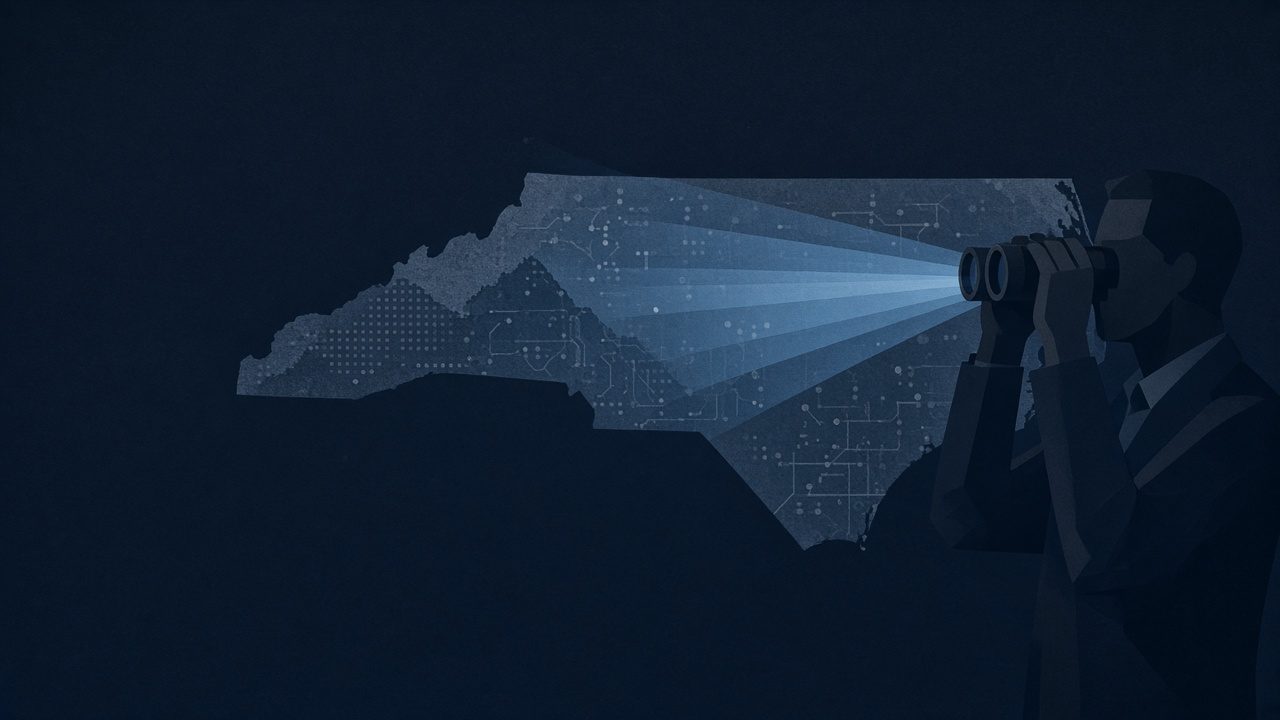 An editor watches over a map of North Carolina, light from a pair of binoculars scanning the state