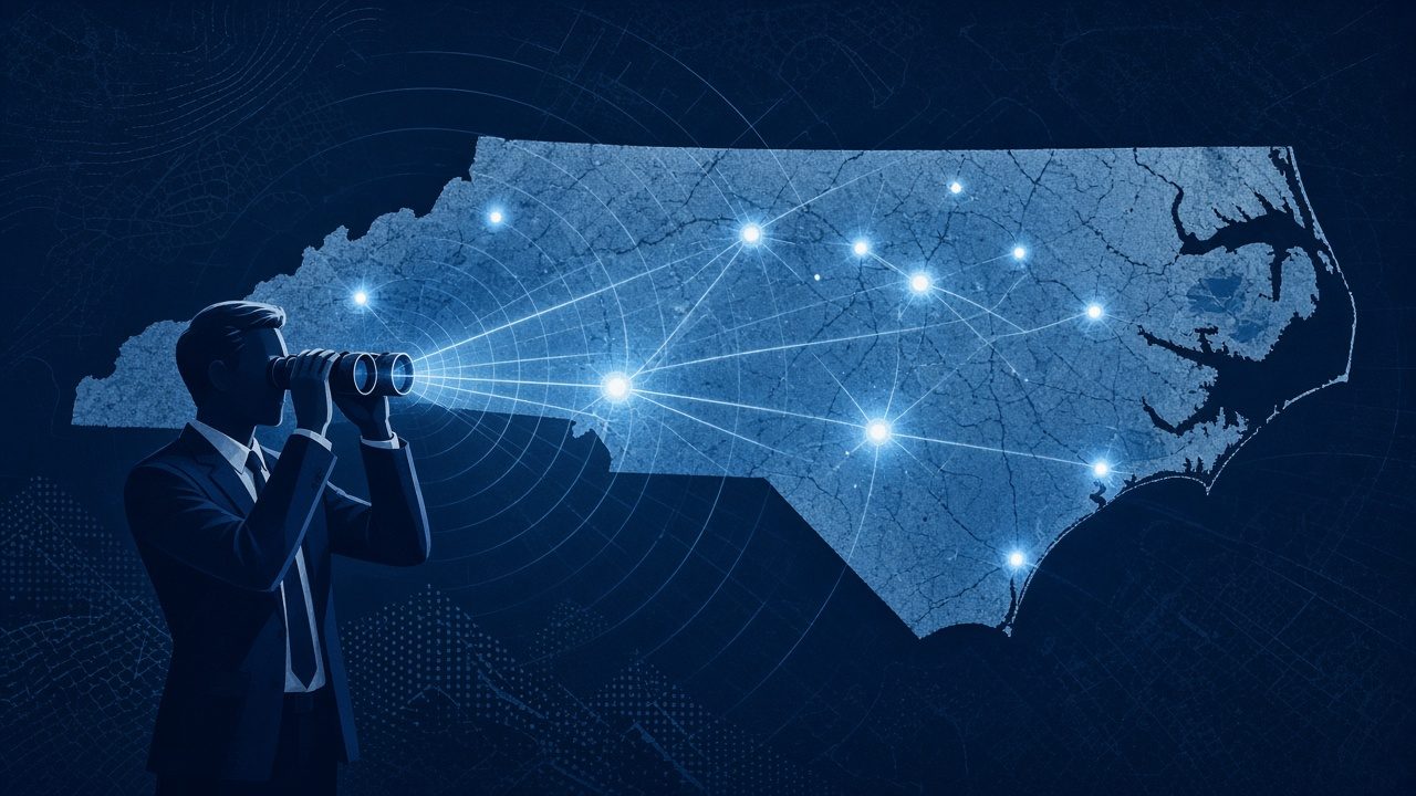 A digital map of North Carolina under focused analysis, with connected data points across the state