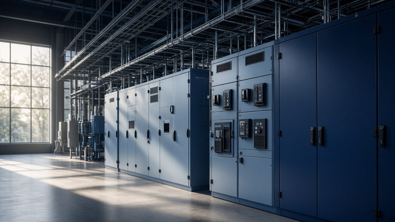 Switchgear and power cabinets inside a modern facility, the electrical backbone an AI campus depends on
